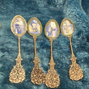 Klepa Arts Czech Blue Enamel Silver Plated Brass Souvenir Spoons 4 piece set